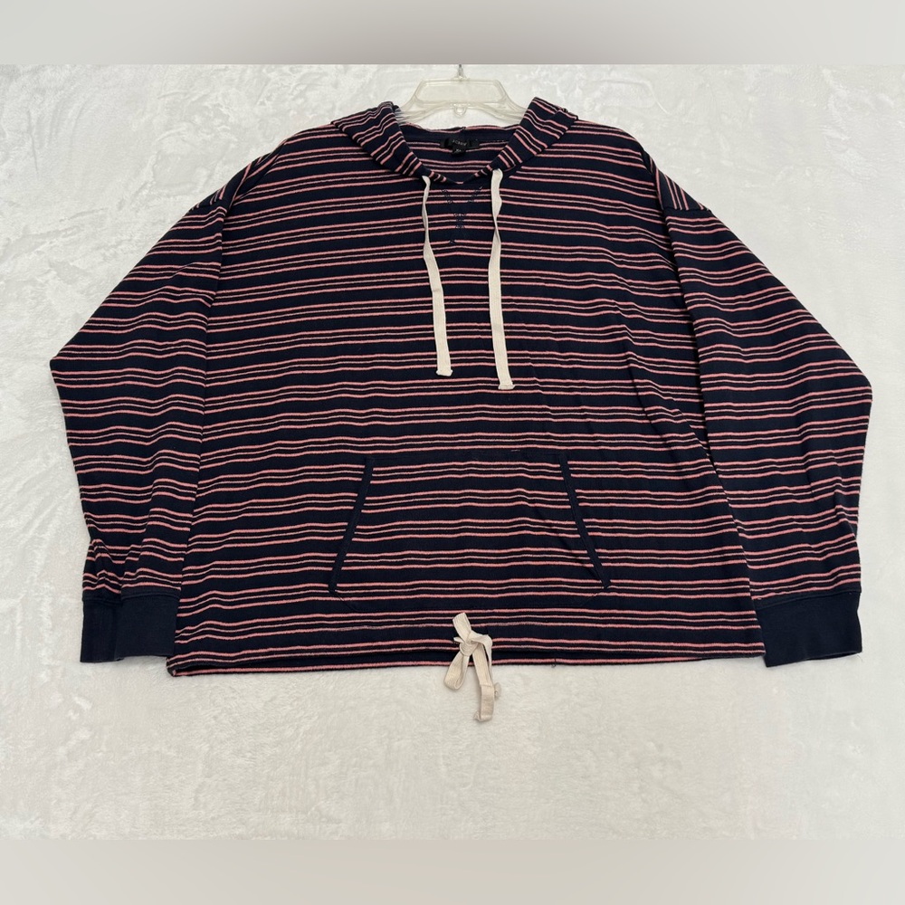 New J. Crew Women's XL Striped Pullover Drawstring Hoodie Navy/Coral AU672 $69